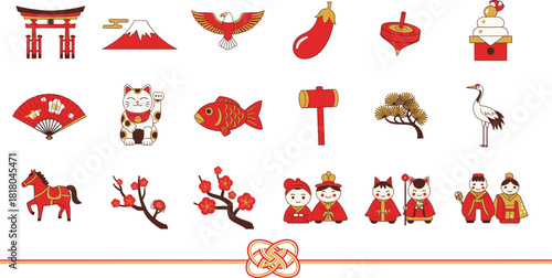 Japanese Traditional Icons Set for New Year: Mt. Fuji, Torii Gate, Maneki-Neko, Plum Blossoms, and Lucky Symbols. 
