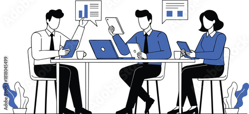 Business team meeting discussing project timeline and analyzing data charts using laptops and tablets flat vector illustration. 