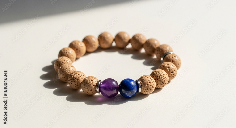 Obraz premium Natural cork bracelet with purple and blue beads on white surface 