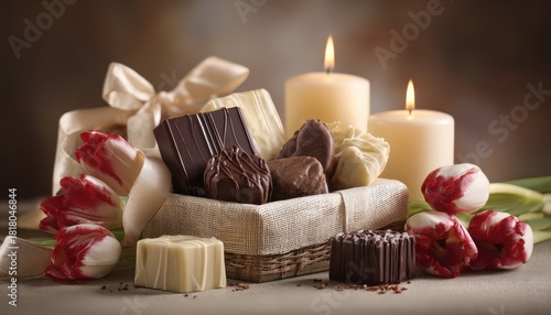 Elegant basket holding assorted gourmet chocolates beside burning pillar candles and fresh flowers