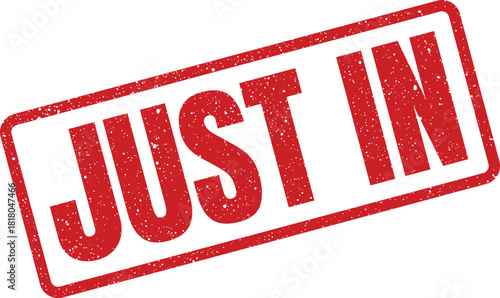 A vibrant textured rubber stamp with Just In text, signifying new arrivals or recent updates for announcements and retail promotions