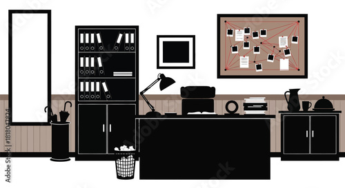 Detective office illustration with evidence board and desk lamp