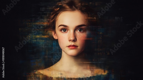 A captivating portrait of a young woman with a serene expression, surrounded by a textured, abstract background, blending traditional and modern artistic styles.