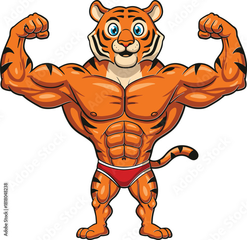 Cartoon muscular tiger flexing in red swimsuit, strong animal character with friendly smile, bold vector art for children’s content