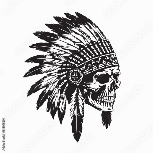Black and white Native Indian Skull in Traditional Headdress Image Vector