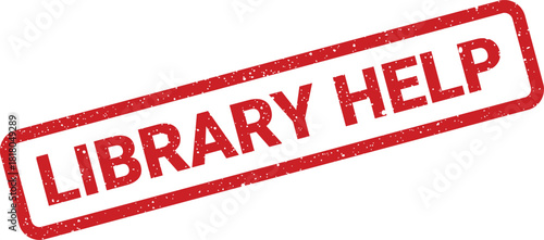 Classic distressed rubber stamp featuring LIBRARY HELP text, useful for indicating assistance points and support services documentation