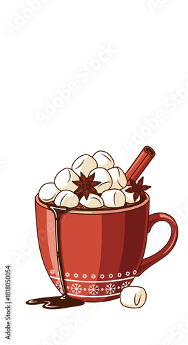A red mug overflowing with marshmallows, decorated with a cinnamon stick and star anise, with dripping chocolate.
