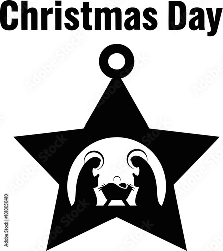 Christmas day nativity scene inside a black star ornament, a festive symbol of holiday season