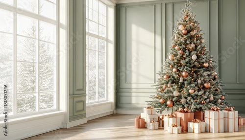 Elegantly decorated fir tree stands beside large windows overlooking a snowy landscape indoors