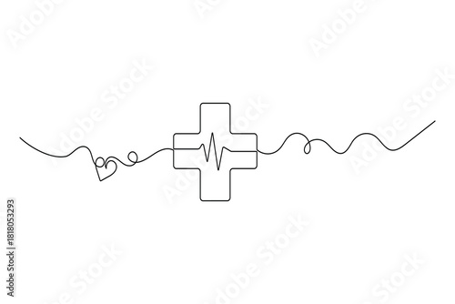One line drawing of health symbols heart cross and ecg