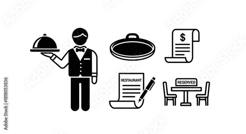 Restaurant service icons representing a waiter, a cloche, a serving tray, a bill, a menu, and a reserved table for dining
