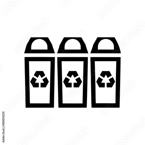 A minimalist icon of a three-section recycling bin representing plastic, paper, and glass separation. Clean lines emphasize organization and conscious waste management.