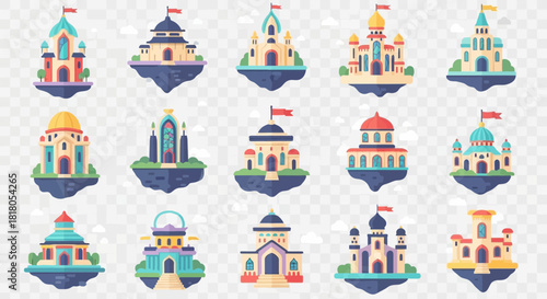 Whimsical floating castles and unique architectural marvels create a magical fantasy world for your creative projects