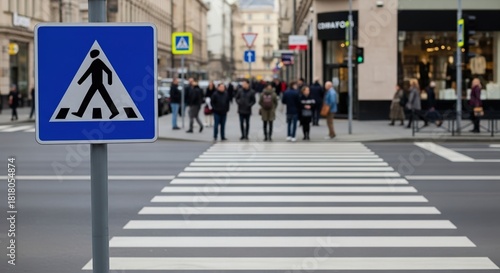 Wallpaper Mural Pedestrian crossing sign stands prominently in urban setting, guiding foot traffic across zebra-striped crosswalk, emphasizing road safety and navigation Torontodigital.ca
