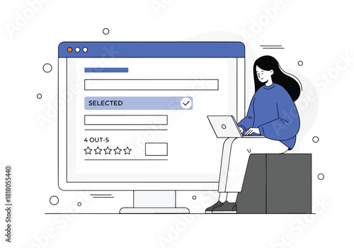 Woman working on laptop next to large computer screen with forms - Flat Vector Illustration, icon. Editable stroke. Colored vector illustration