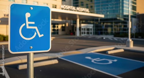 Blue handicap parking sign stands prominently in front of a modern hospital building, indicating accessibility features for individuals with disabilities and enhancing inclusive design