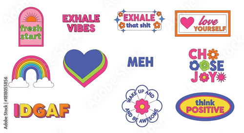 Uplifting retro sticker set with positive affirmations and good vibes