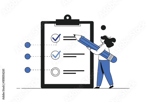 Person checking off tasks on a checklist with a large pencil - Flat Vector Illustration, icon. Editable stroke. Colored vector illustration