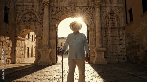 Wallpaper Mural A person walking through an ancient stone archway on a sunny day, casting a long shadow on the cobblestone street, with historic buildings in the background Torontodigital.ca