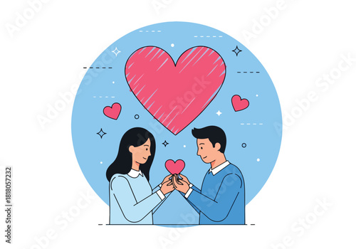 Couple sharing love hearts romantic connection valentine's day romance - Flat Vector Illustration, icon. Editable stroke. Colored vector illustration
