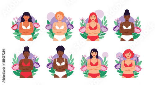 Diverse Women Self-Care: Eight Illustrations of Confident Women Embracing Body Positivity and Floral Femininity in Lingerie, Advocating for Inclusivity and Wellness