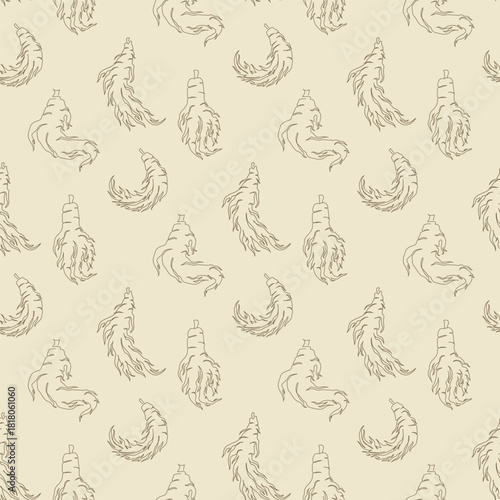 Outline ginseng root seamless pattern. Korean ginseng background design for wallpaper, fabric, textile, print, wrapping paper or package design.