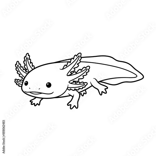 Simple outline illustration of a cute axolotl with gills and a smiling face.