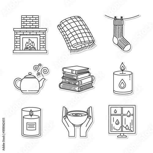This collection of charming line art icons beautifully illustrates the essence of cozy autumn and winter comfort, perfect for hygge-inspired designs.