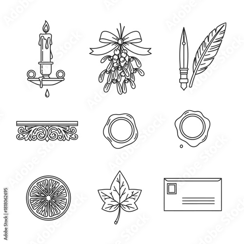 A beautiful collection of vintage line art icons, featuring festive mistletoe, burning candle, elegant wax seals, and classic quill, ideal for traditional holiday design.