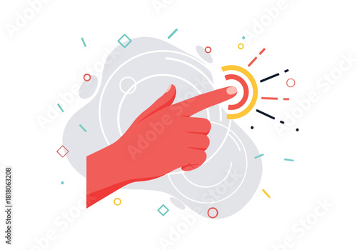 Hand finger pointing to target symbol with sunburst graphic - Flat Vector Illustration, icon. Editable stroke. Colored vector illustration