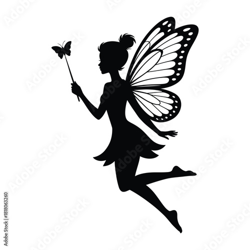 Fairy with butterfly wings holding wand Vector, Silhouette, Illustration