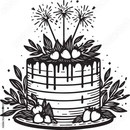 Print delicious cake with sparklers isolated on for a celebration