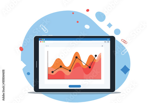 Tablet displaying financial chart with abstract blue background and elements - Flat Vector Illustration, icon. Editable stroke. Colored vector illustration