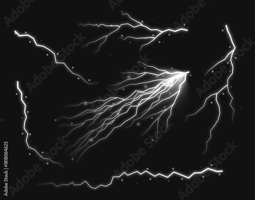 Intense electric white lightning bolts and glowing energy streaks on a dark background — high-contrast thunder shockwave effect illustration
