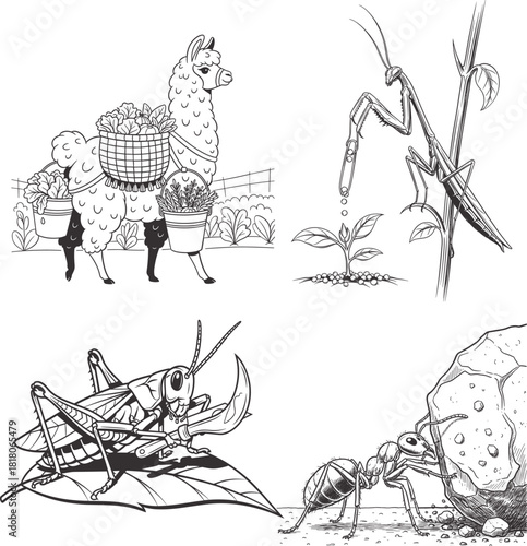Black and white vector illustration set with llama carrying vegetables, praying mantis watering plant, grasshopper on leaf and ant pushing big rock