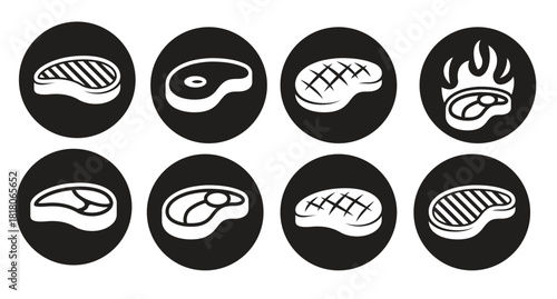 steak icons set white on a black background