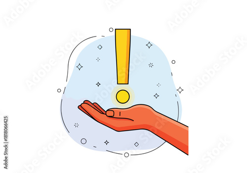 Hand offering coin with exclamation symbol for important notice - Flat Vector Illustration, icon. Editable stroke. Colored vector illustration