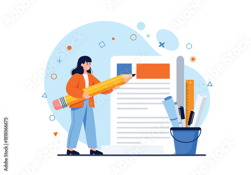 Creative person working on a document with colorful elements - Flat Vector Illustration, icon. Editable stroke. Colored vector illustration