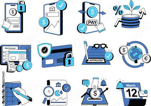 A set of flat line-style finance and banking icons featuring key themes like mobile security, banking growth, online payments, investment returns, currency exchange, financial notes, and reminders. Id