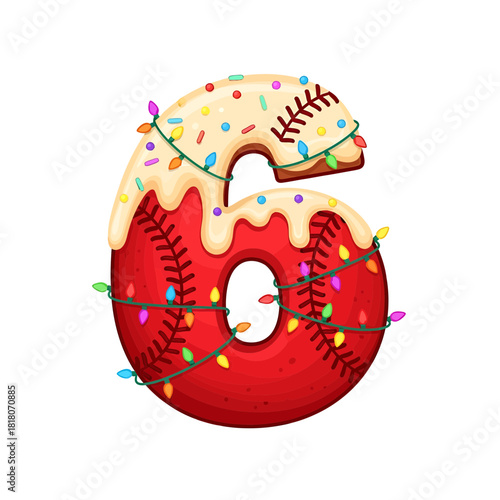 "Decorative Number 6 with Baseball Detail, Holiday Lights and Cream Icing – Creative Celebration Number Vector"

