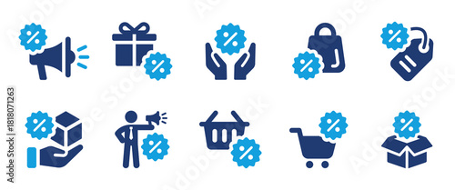 Offer icon set, containing promotion, sale, discount, shopping, retail, marketing and more. Solid vector icon symbol illustration.