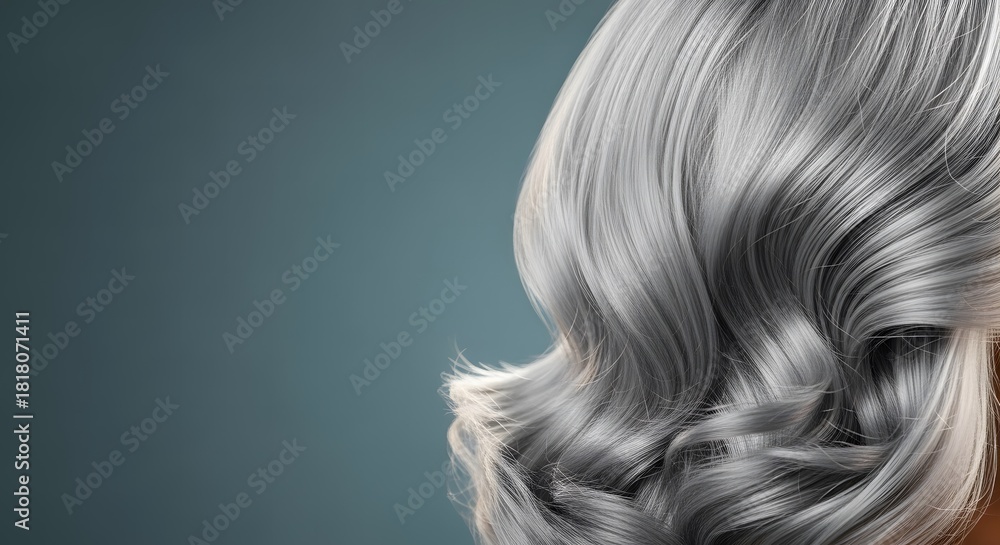 Naklejka premium Elegant Silver Gray Wavy Hair with Soft Texture on Dark Teal Bac