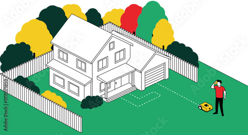 Robotic lawn mower illustration for modern home lawn care service