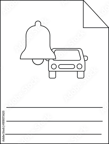 A document displays a car under a bell with three lines below Its corner is folded down