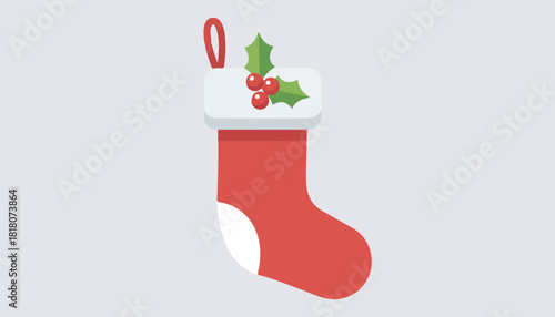 A festive red Christmas stocking with white trim and holly berries and leaves, hanging against a light gray background.