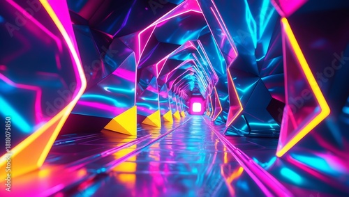Fototapeta Naklejka Na Ścianę i Meble -  Neon colored tunnel with a yellow and blue light