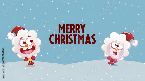 Christmas sale shopping banner with Santa snowman gift and winter landscape for holiday promotion poster header and online advertising design