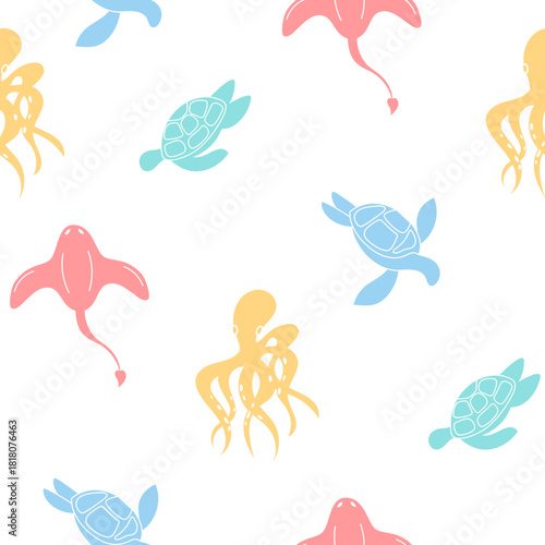 Seamless underwater pattern in cartoon graphic style. Marine creatures like octopus and turtle bring the ocean to life. Aquatic theme with flat shapes and clean background. Perfect for ocean designs,