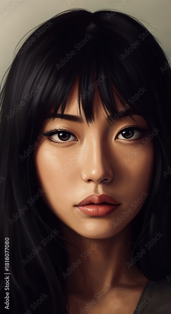 Fototapeta premium Serene Portrait: The portrait unveils a captivating Asian woman. her expression evokes a sense of tranquility and inner peace. The soft.
