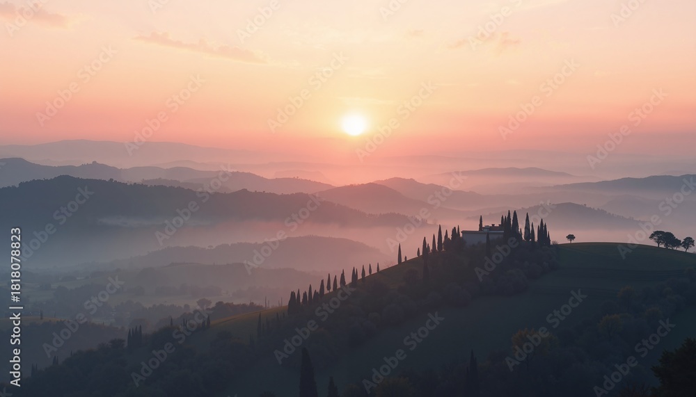 Fototapeta premium The image shows the famous landscape of Tuscany, Italy, with the sun rising over the hills